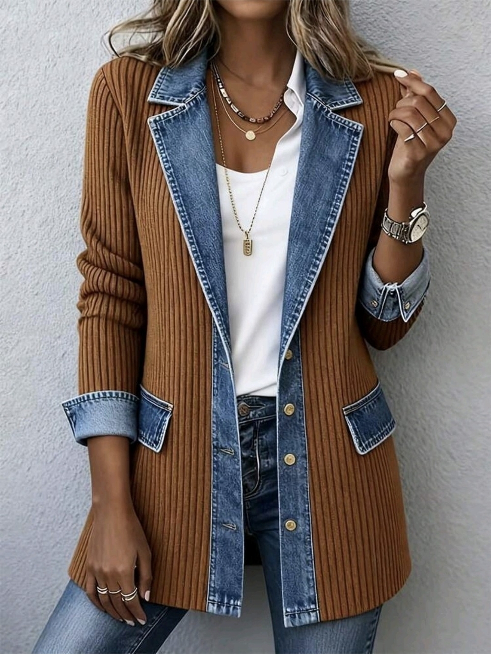 SHEIN Brown Ribbed Cardigan with Blue Denim Like Trim Blazer